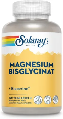 Immagine prodotto di Solaray Bisglicinato di Magnesio – 120 Capsule Vegane | Alto Dosaggio & Chelato (Scorta per 2 Mesi) | Con BioPerine® per un Migliore Assorbimento