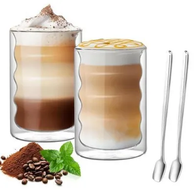 Productafbeelding van Set van 2 latte macchiato glazen, elk 400 ml, dubbelwandig, met 2 lepels, gemaakt van borosilicaatglas