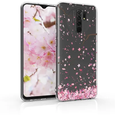 Produktbild von kwmobile Case kompatibel mit Xiaomi Redmi 9 - Hülle Silikon transparent Kirschblütenblätter Rosa Dunkelbraun Transparent