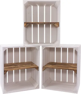 Three white wooden crates with wooden shelves are arranged in a staggered formation against a white background.