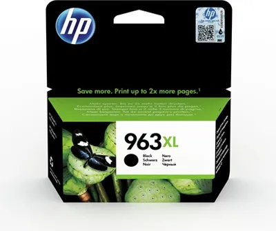 The image shows the packaging of an HP 963XL black ink cartridge.