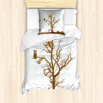 Produktbild von ABAKUHAUS Eule Mantele, Owl Herbst Baum AST, Milbensicher Allergiker geeignet mit Kissenbezügen, 135 cm x 200 cm - 80 x 80 cm, Schokolade Baby Blue