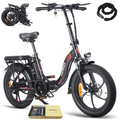 A black folding electric bicycle with accessories displayed against a white background.