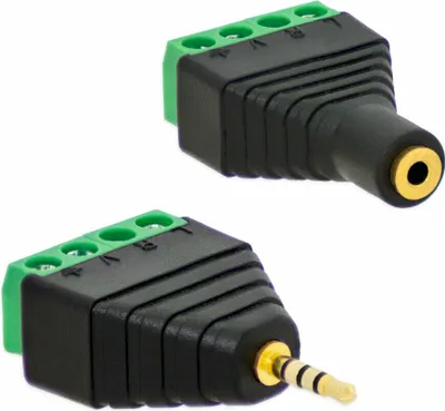 Produktbild von 1x Klinken Stecker + 1x Buchsen 2,5mm Adapter > Terminalblock 4 Pin Schraub Klemme Set