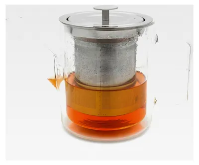 Produktbild von Kleine gläserne Retro-Teekanne 1,0 L doppelwandig - isolierende Glaskanne mit Edelstahl-Teefilter