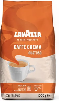 A bag of Lavazza Caffe Crema Gustoso coffee beans with a cup of coffee depicted.