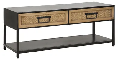 Zdjęcie produktu dla Stojak pod telewizor Hanoi 95x38x38 cm - Czarny metalowy stolik pod telewizor z drewnianymi szufladami imitującymi rattan - Nowoczesny i liniowy styl boho chic