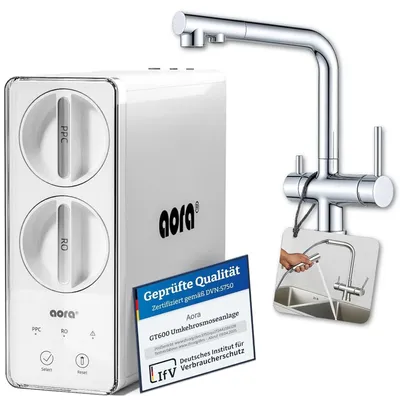 Produktbild von AORA GT600 Umkehrosmoseanlage Untertisch – 8-Stufen-Filtration, 3-Wege-Armatur, Trinkwasserfilter tanklos, Osmoseanlage, RO + LUNA Chrom