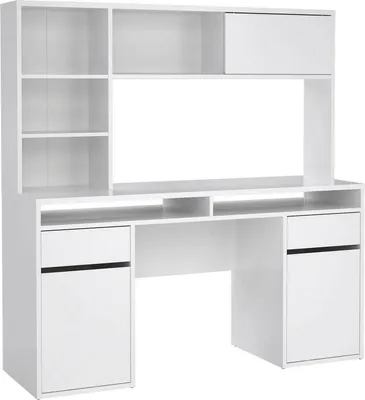Produktbild von Schreibtisch Ambrenti, Mehrzweckschreibtisch, Bürotisch für PC, Eckschreibtisch, 149x48 h156 cm, Glänzendes Weiß