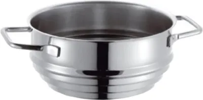 A shiny silver pot with handles on a white background.