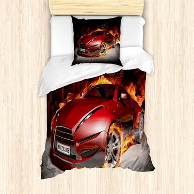 Produktbild von ABAKUHAUS Autos Mantele, Burnout Reifen Sport Auto, Milbensicher Allergiker geeignet mit Kissenbezügen, 135 cm x 200 cm - 80 x 80 cm, Rot Schwarz Orange