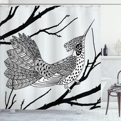 Obrázok produktu pre ABAKUHAUS Kolibri Sprchový záves, monochromatický ručne maľovaný ozdobný exotický vták na lavičke, 175 x 220 cm, bledošedá farba