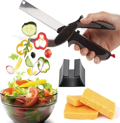 Produktbild von 2-in-1 Edelstahl-Gemüseschneider und Küchenmesser mit Mini-Schneidebrett für Salate, Gemüse, Fleisch, Kartoffeln und Brot, Küchenschere, Haushaltsschere mit Schneidebrett