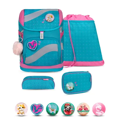 Produktbild von Belmil Smarty ergonomisches Schulranzen Set 5-teilig "Hearts and Dots" mit Brustgurt, Hüftgurt, Magnetverschluss, Patch Set 6 Stück