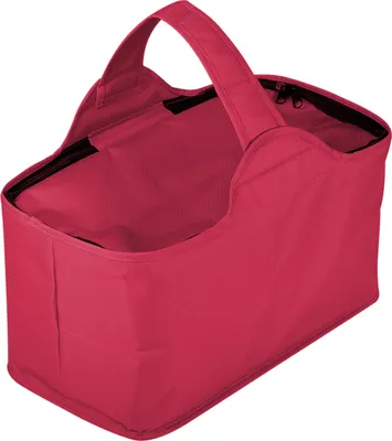A red shopping basket with a handle is shown against a white background.