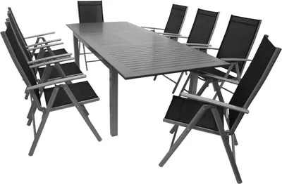 A garden dining set with a table and chairs, shown on a white background.
