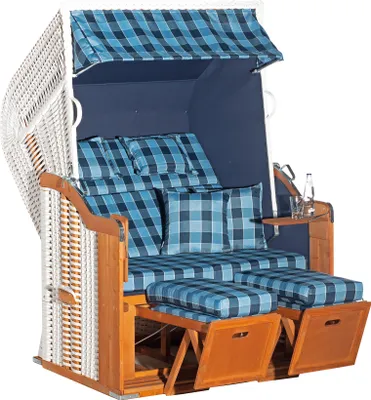 Produktbild von Rustikal 255 Plus Strandkorb komplett aufgebaut, 2-Sitzer Halbliegemodell Ostseeform, Geflecht weiß, Strukturpolyester kariert, Innen uni, Fichtenholz, ca. 125x90x160 cm
