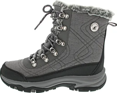 A single gray winter boot with fur trim and laces, shown from the side against a white background.