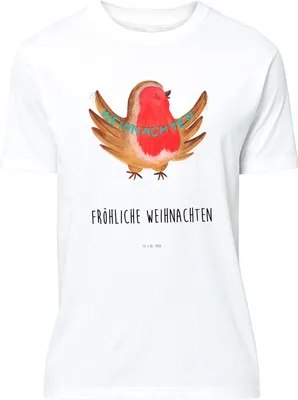 Produktbild von Mr. & Mrs. Panda S T-Shirt Rotkehlchen Weihnachten - Weiß - Geschenk, Tshirt, Vogel, Frohe, V-Shirt, Shirt, Lustiges, Weihnachtsmotiv, Weihnachtsgruß, Winter