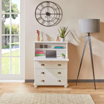 Produktbild von Sekretär GOMES aus Massivholz, Weiß - Schreibsekretär mit Klappe und Schubladen mit Muschelgriffen, Kiefer Massivholz, Landhausstil für Büro und Wohnzimmer
