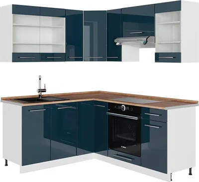 Zdjęcie produktu dla Szafki kuchenne Vicco Fame-Line Ciemnoniebieski wysoki połysk/Biały 190 x 160 cm, BP Dąb, Model 49032
