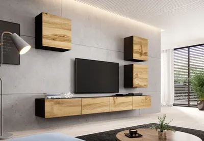 Produktbild von Wohnwand Wohnzimmer - Set Medienwand VIGO 22G schwarz / eiche wotan Hängeschränke TV Lowboard 280cm breit