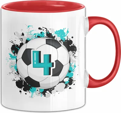 Produktbild von 4. Geburtstag Geschenk Tasse Becher Jungs Fußball Geburtstagsgeschenk  (Rot)