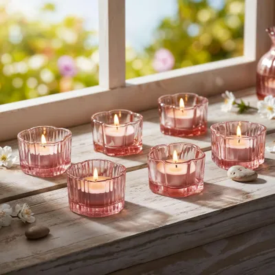 Produktbild von 6er Set Teelichthalter Blume Rosa Kerzenhalter Frühling Kerzenglas Tischdeko