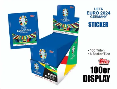 Produktbild von Topps Official EURO 2024 Sticker Collection - Full Box (100 Päckchen). 6 Sticker pro Päckchen (600 Sticker)