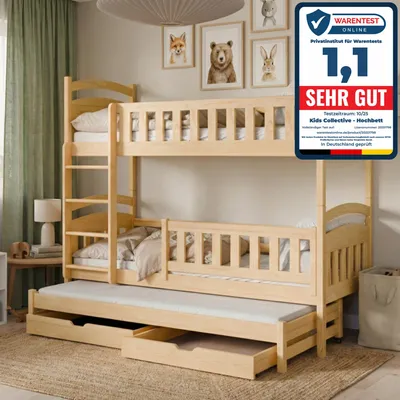 Produktbild von Kids Collective Hochbett 90x200 Etagenbett Kinderbett Jugendbett Stockbett 3 Kinder, zwei Schubladen & Rausfallschutz Kinder Bett umbaubar in 3 Einzelbetten | von 4. bis 18. Lebensjahr | inkl. Lattenrosten | natur