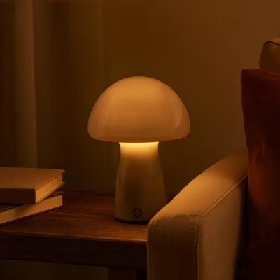 Produktbild von LED Akku Pilzleuchte aus Glas, 250 lm, 2700 K, H 22 cm, dimmbar, grau