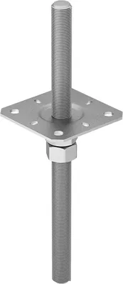 A metal post anchor with a square base and a threaded rod extending upwards and downwards, with a nut securing the base to the lower rod.