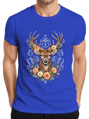Produktbild von Eleganter Hirsch Blumenkranz Geweih Wald Boho Natur Lederhose Reh Herren T-Shirt, Blau, M