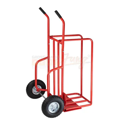 A red hand truck with two wheels and two handles, shown from a diagonal angle against a white background.