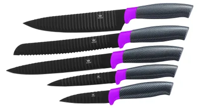 Produktbild von 5tlg. Messerset KING® CARBON BERRY LINE Edelstahl beschichtete Klingen mit Riffelstruktur / im ETUI / Größen: 20cm Kochmesser, 20cm Ausbeinmesser, 20cm Brotmesser, 12.5cm Universalmesser & 8.5cm Gemüsemesser