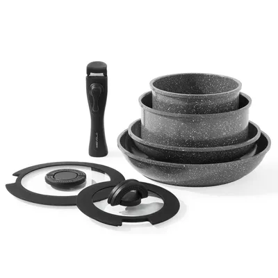 Produktbild von Topfset Pfannenset Induktion 7-teilige mit Abnehmbarer Griff, -Frei Keramik-Antihaftbeschichtet Pfanne 24/28cm, Kasserolle 16/20cm mit Glasdeckel