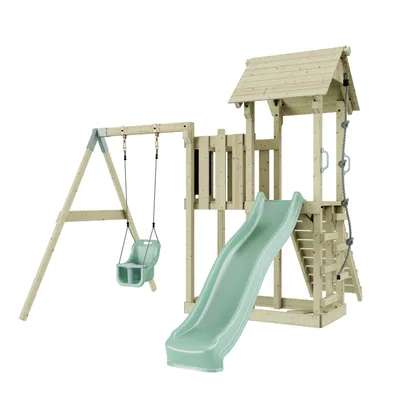 Produktbild von OutdoorToys Spielturm mit Wellenrutsche und Kinder-Schaukel, Outdoor Klettergerüst Garten mit Plattform, Ausführung: Babyschaukel, Farbe: Mintgrün, mit Babyschaukel