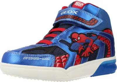 A single blue and red high-top sneaker with a Spider-Man theme.