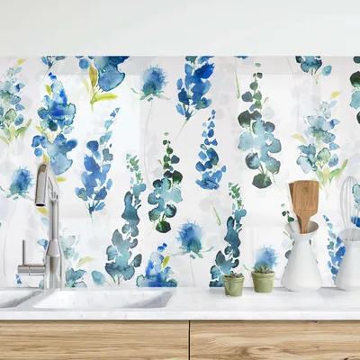 Produktbild von Küchenrückwand Muster selbstklebend - 0.65 mm Wandpaneel wasserfest Blumenmuster blau Aquarell Spritzschutz fugenlos