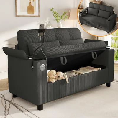 Produktbild von MODFU 2-Sitzer Sofa mit Stauraum, Cordsofa mit USB/Type-C-Ladeanschlüssen und Getränkehaltern, modernes Relaxsofa mit Armlehnen-Staufächern,Grau