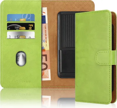 A green flip case for a phone, open to show card slots and cash.