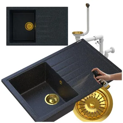 Immagine prodotto di Granitan - Lavello in granito - Lavandino - Lavello cucina nero-oro - con sifone - ERIS