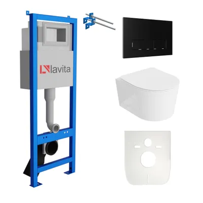 Produktbild von Lavita LAV 101 Vorwandelement für WC 40cm + Wand Hänge Tiefspül WC LOSO Weiß Spülrandlos + Bedienplatte LAV 200.3.4 Schwarz | Komplettset | Unterputz Spülkasten | Toilette Komplett Sett