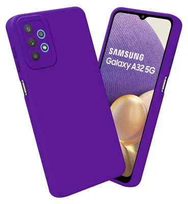 A purple phone case is shown with a phone inside, displaying the brand and model name.