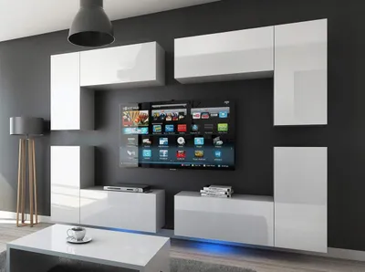 Produktbild von Furnitech Wohnwand Wohnzimmer | Wohnzimmer Möbel mit LED Blau | Hängend Wohnwand Modern | Wohnzimmer Schrankwand mit Regale und TV Schrank (Future C20_HG_W_2 1B)