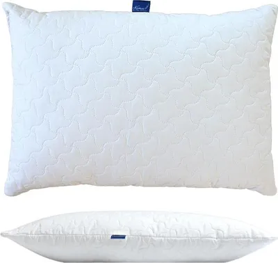 A white pillow is shown from two angles: a front view and a side view.