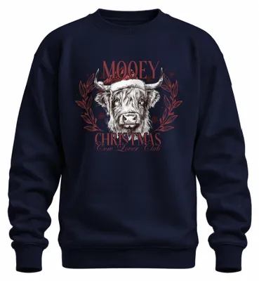 Imagen del producto de Suéter navideño "Mooey Christmas Kuh" para amantes de las vacas, diseño uni, color azul marino, talla XXL