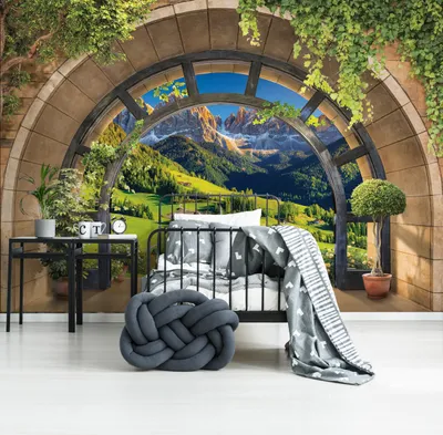 Produktbild von Vlies Fototapete 3D EFFEKT Berge Landschaft ( 416x254cm - 4 Bahnen ) Fensterblick Ausblick inklusive Kleister Wohnzimmer Schlafzimmer Wandtapete Tapete Latexdruck UV-Beständig Montagefertig