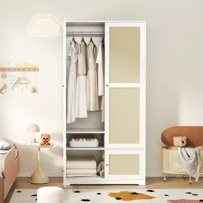 Produktbild von Flieks Eckkleiderschrank mit Rattantüren, 2-türig Kleiderschrank mit Kleiderstange und Einlegeböden, Garderoben 90x48x180 cm, Weiß