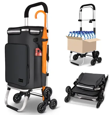 Produktbild von VOUNOT® Aluminium Einkaufstrolley Treppensteiger, Trolly Einkaufswagen Klappbar mit Haken 6 Räder, Schwarz